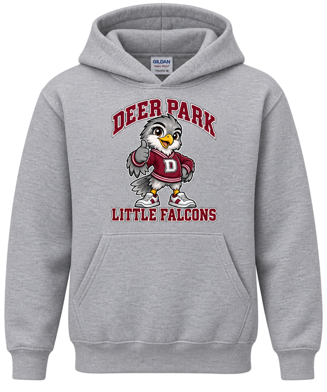 Deer Park Little Falcons Varsity Youth Pullover Hoodie in sport grey, front view with print above pocket