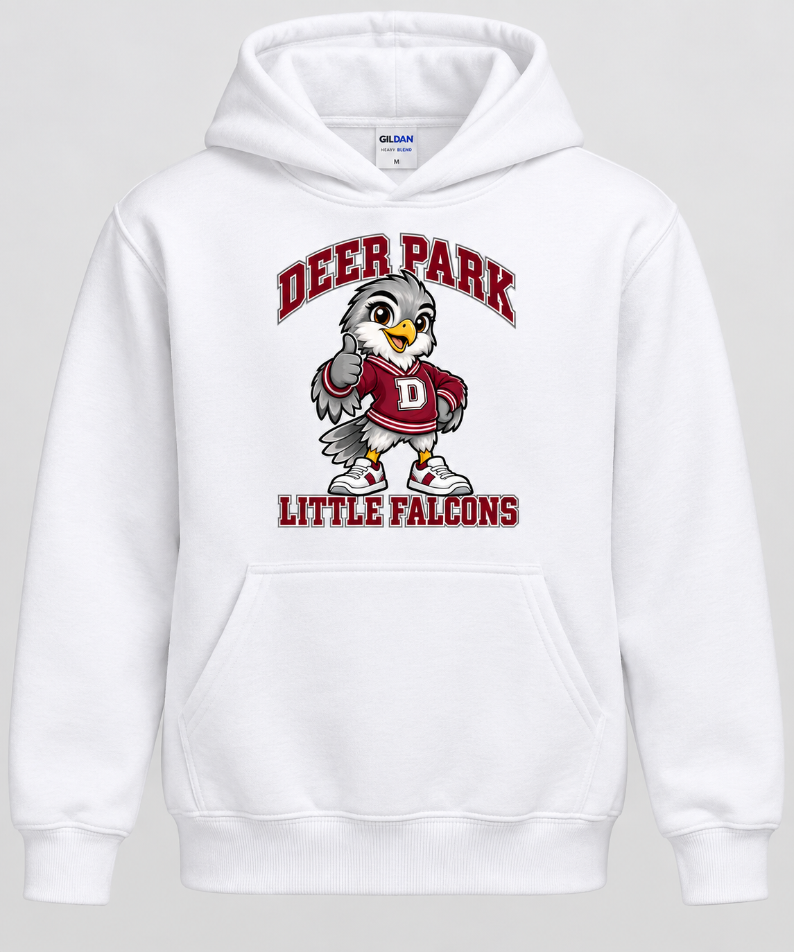 Deer Park Little Falcons Varsity Youth Pullover Hoodie in white, front view with print above pocket