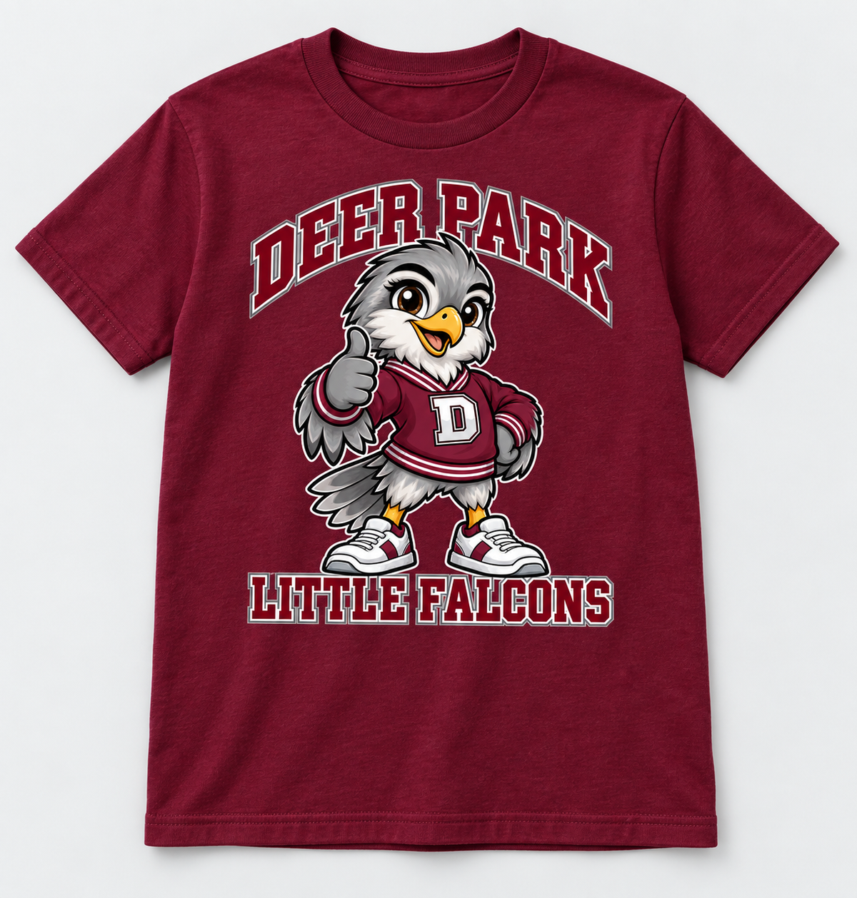 Deer Park Little Falcons Varsity Youth T-Shirt in Maroon, front view