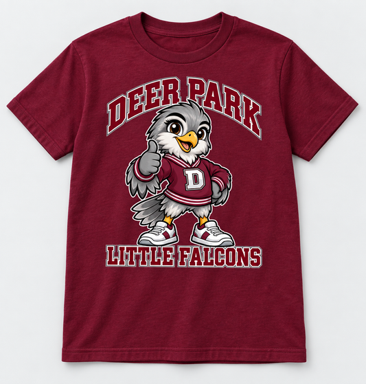 Deer Park Little Falcons Varsity Youth T-Shirt in Maroon, front view