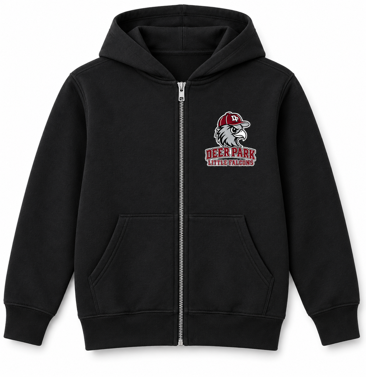 Deer Park Little Falcons youth full-zip hoodie in Black, front chest print
