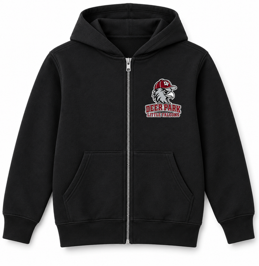 Deer Park Little Falcons youth full-zip hoodie in Black, front chest print