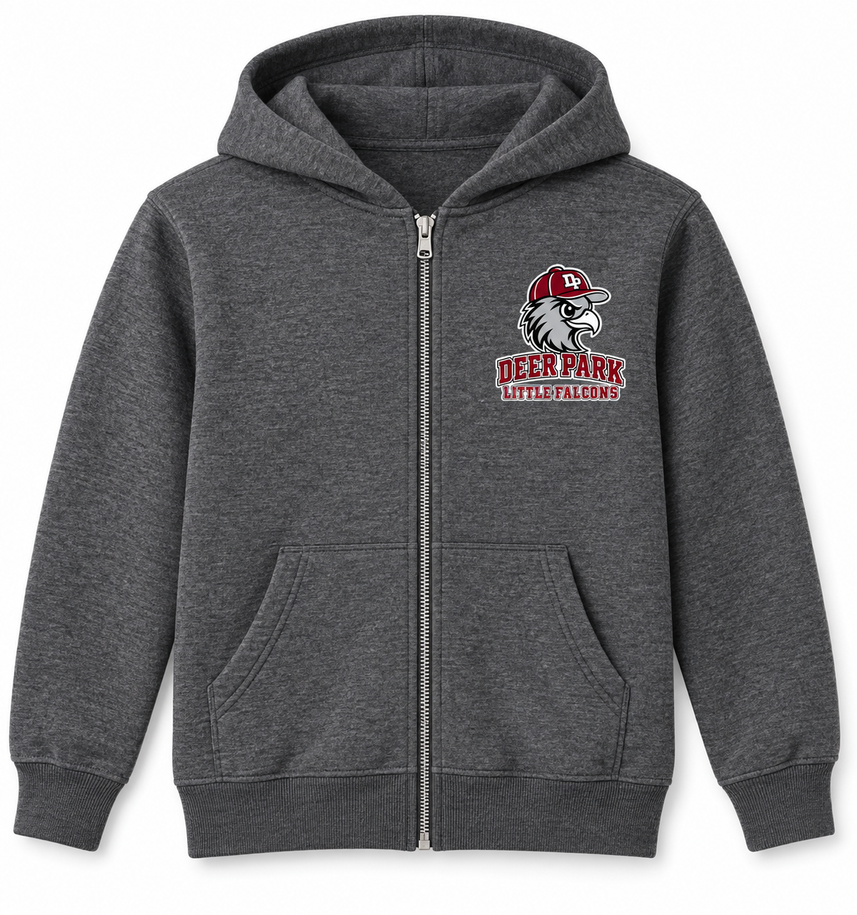Deer Park Little Falcons youth full-zip hoodie in Charcoal Heather, front chest print
