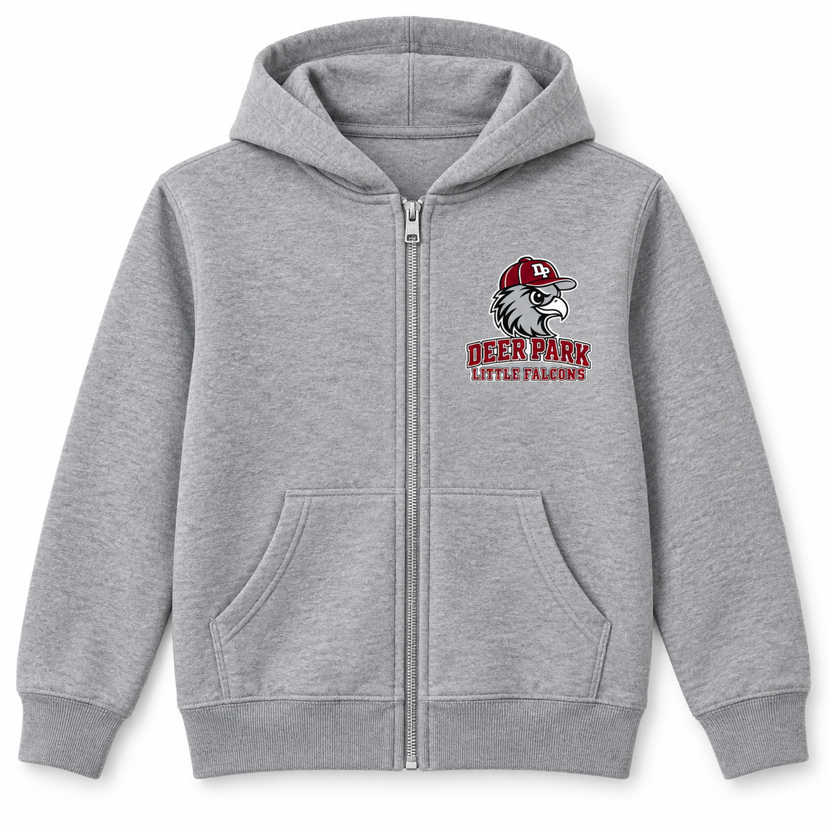 Deer Park Little Falcons youth full-zip hoodie in Grey Heather, front chest print