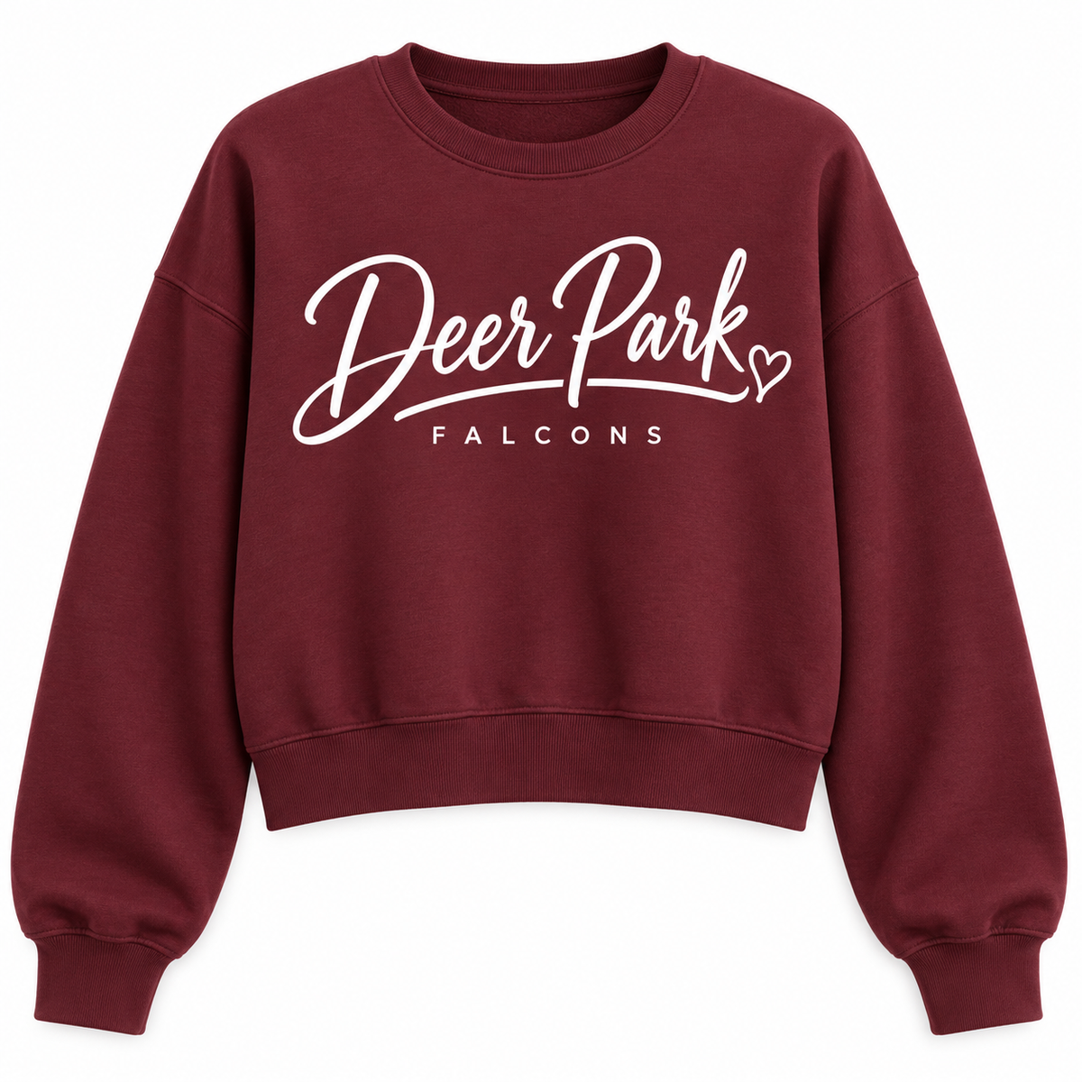 Deer Park Women's Script Cropped Sweatshirt — Maroon