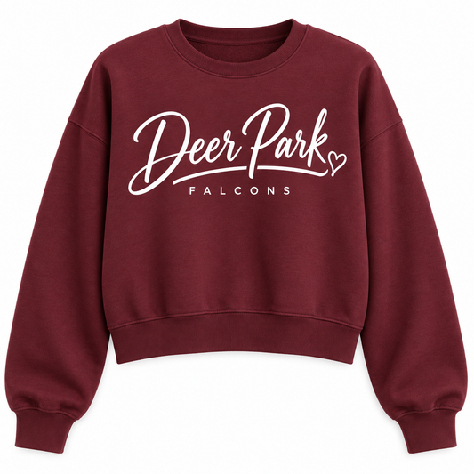 Deer Park Women's Script Cropped Sweatshirt — Maroon