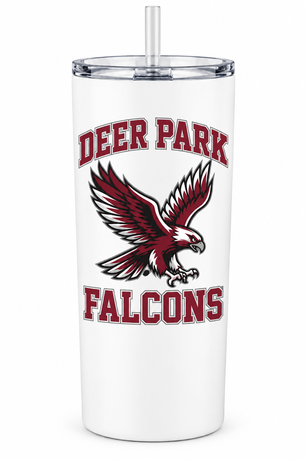 Deer Park Falcons white tumbler — full-size mobile view
