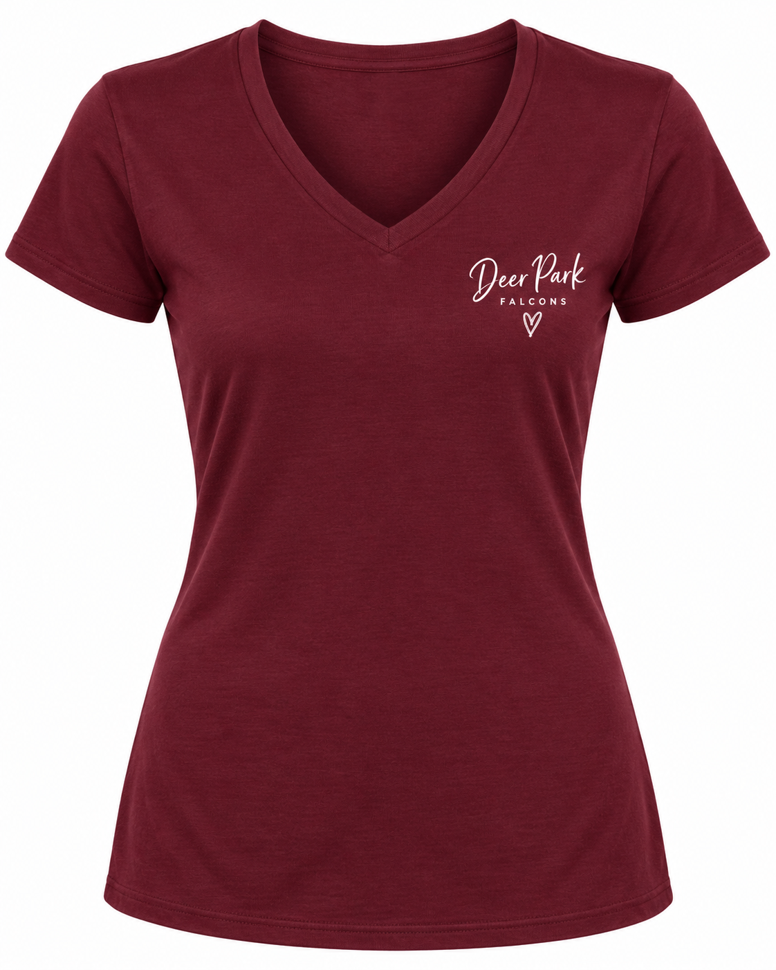 Deer Park Women's Script V-Neck Tee — Maroon
