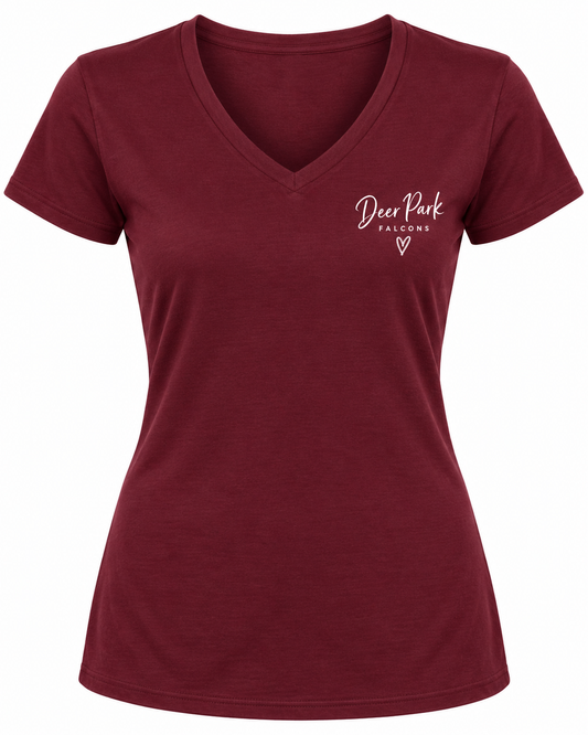 Deer Park Women's Script V-Neck Tee — Maroon