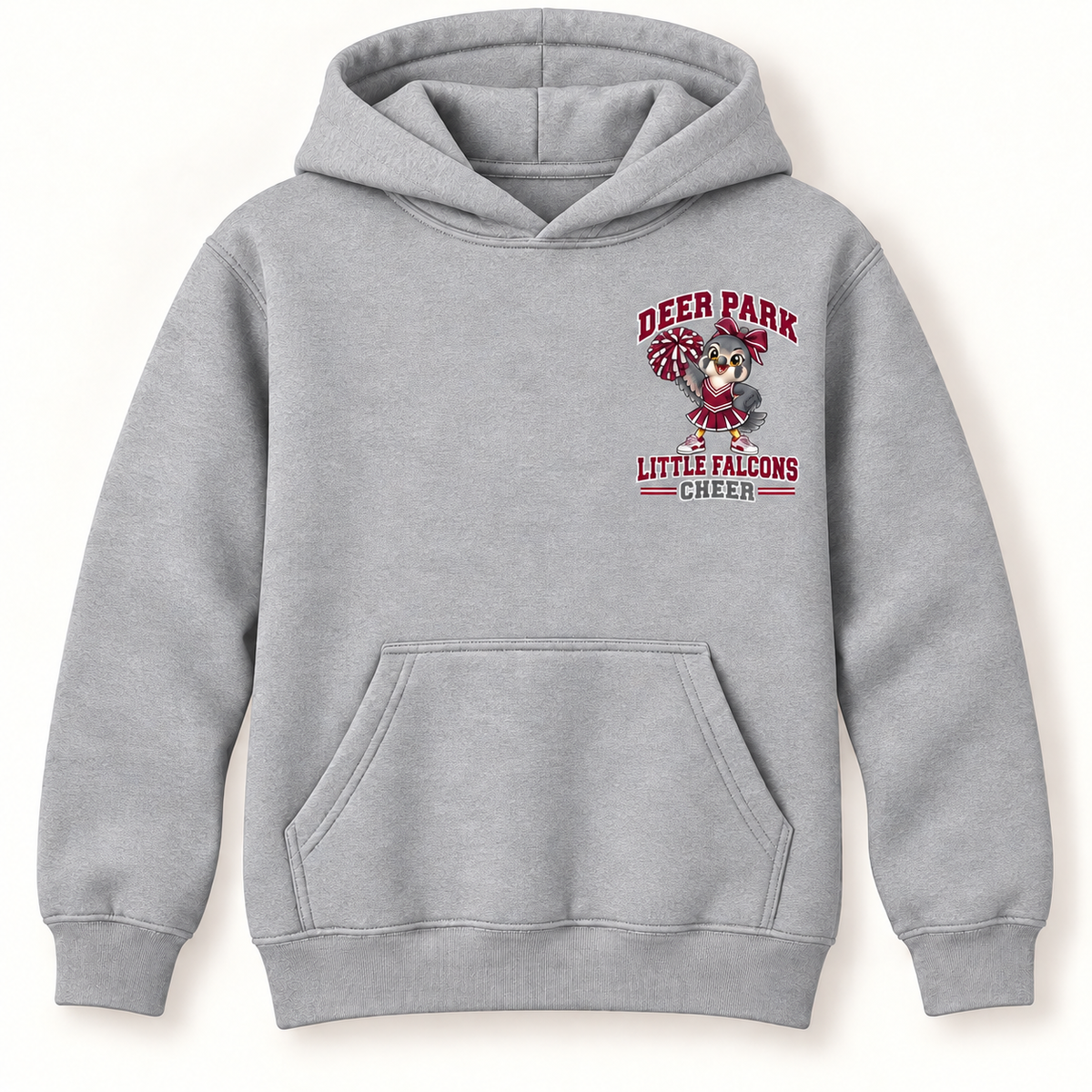 Digital mockup: Deer Park Little Falcons Cheer youth pullover hoodie in Athletic Heather, small left-chest badge, drawcord-free hood