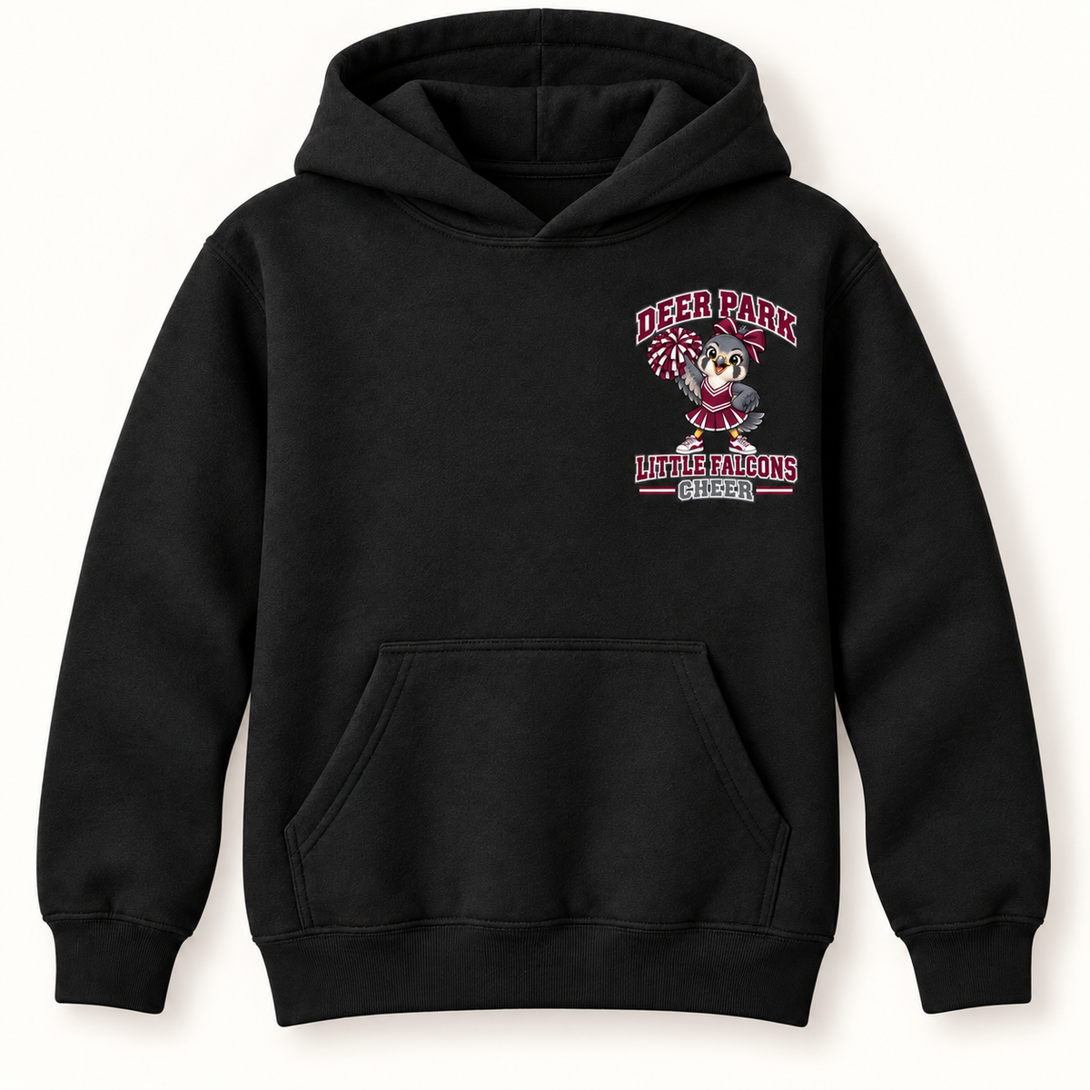 Digital mockup: Deer Park Little Falcons Cheer youth pullover hoodie in Jet Black, small left-chest badge, drawcord-free hood