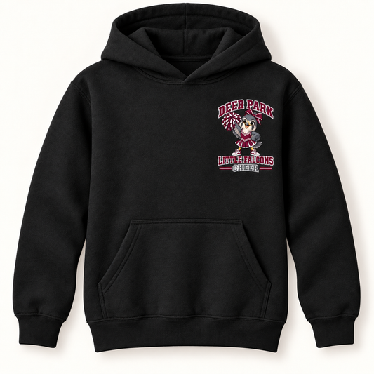 Digital mockup: Deer Park Little Falcons Cheer youth pullover hoodie in Jet Black, small left-chest badge, drawcord-free hood