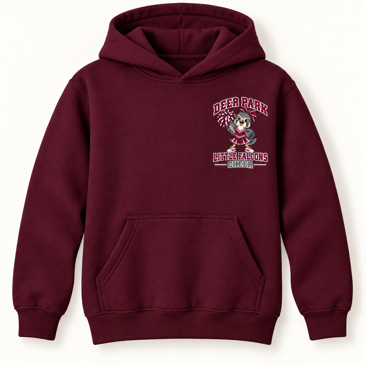 Digital mockup: Deer Park Little Falcons Cheer youth pullover hoodie in Maroon, small left-chest badge, drawcord-free hood