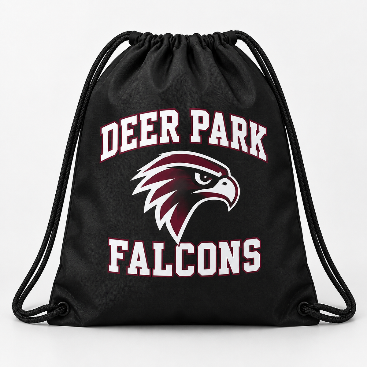 Deer Park Falcons drawstring bag in black, front view