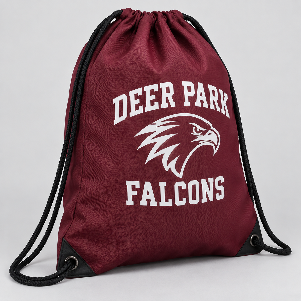 Deer Park Falcons maroon drawstring bag, angled detail view