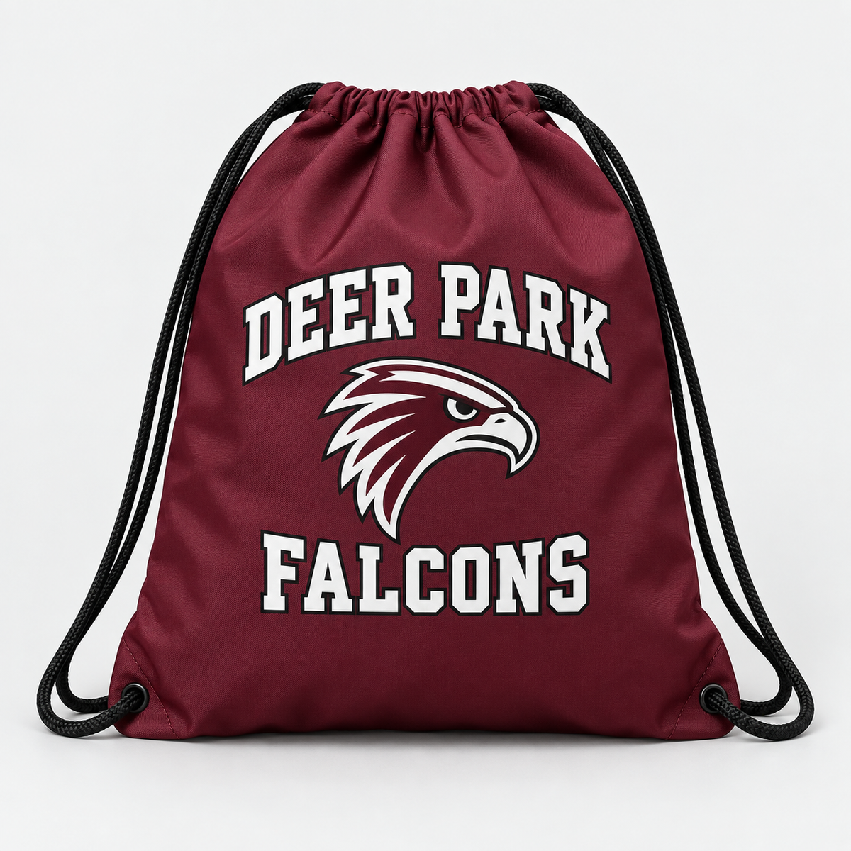 Deer Park Falcons drawstring bag in maroon, front view
