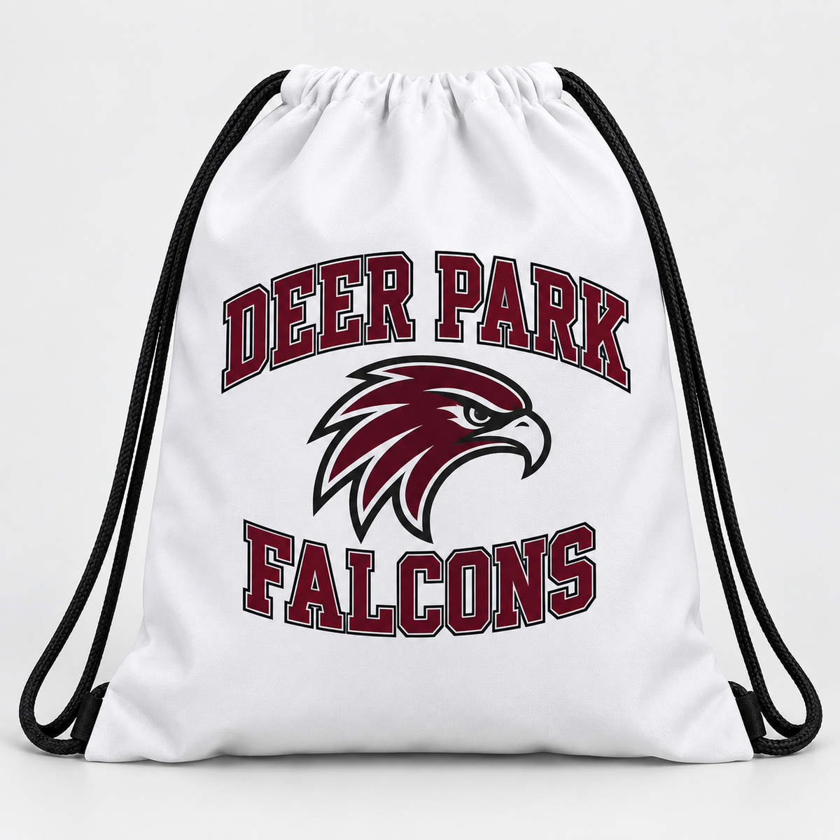 Deer Park Falcons drawstring bag in white, front view