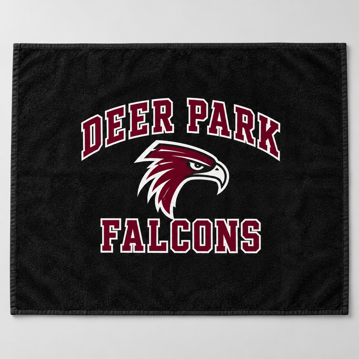 Deer Park Falcons black beach towel, full front view