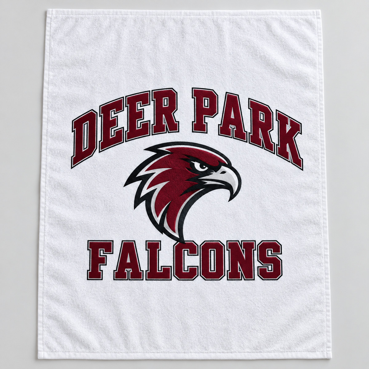 Deer Park Falcons white beach towel, full front view