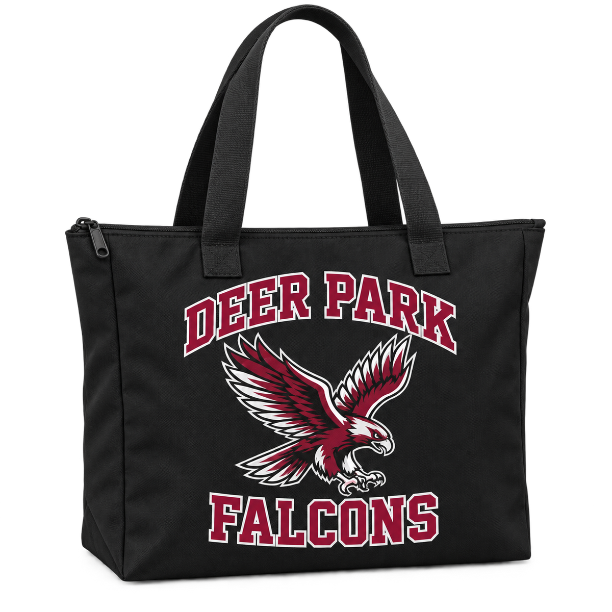 Deer Park Falcons Polyester Zip Bag in Black, front view with Deer Park Falcons artwork