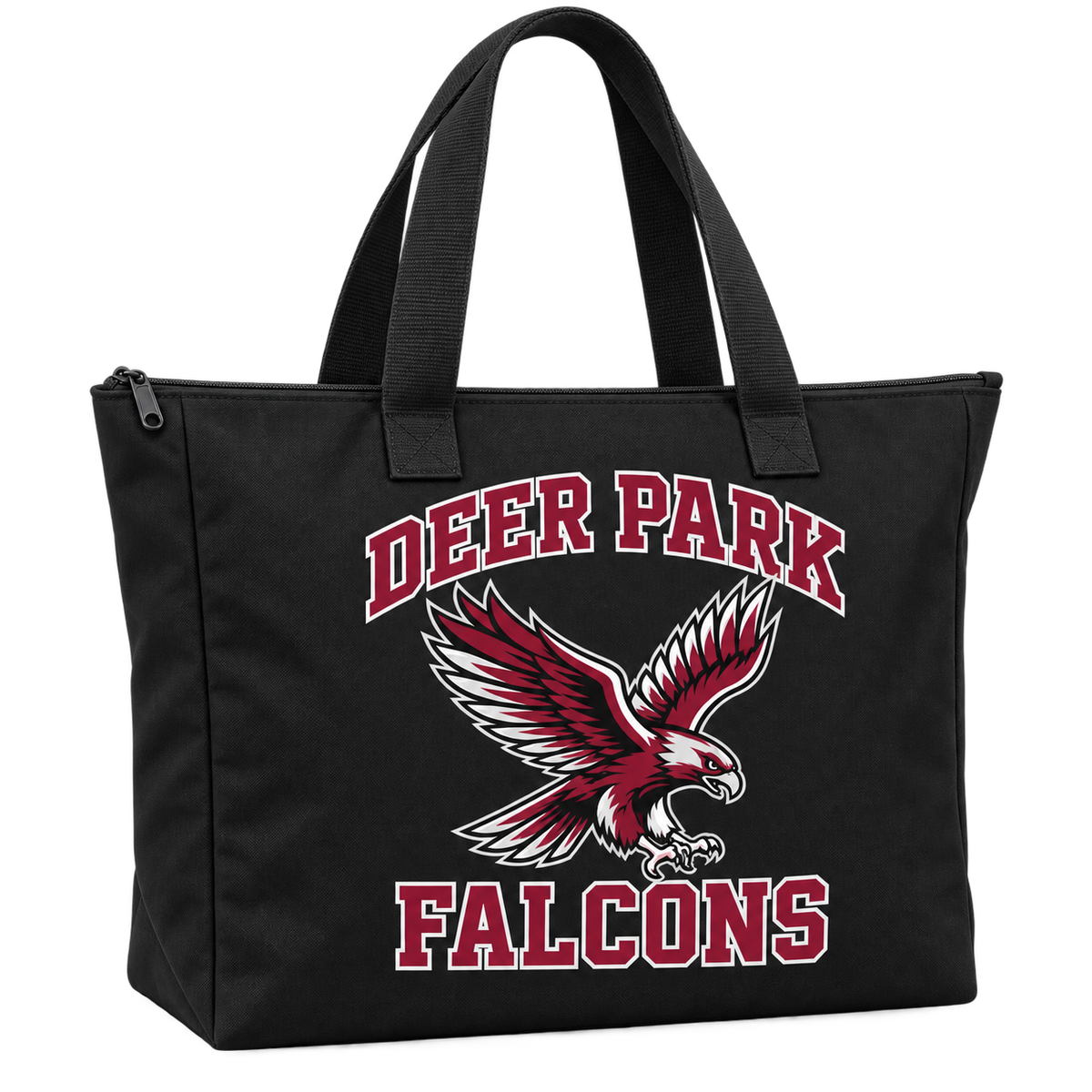 Deer Park Falcons Polyester Zip Bag in Black, angled detail showing the front artwork, zipper and handles