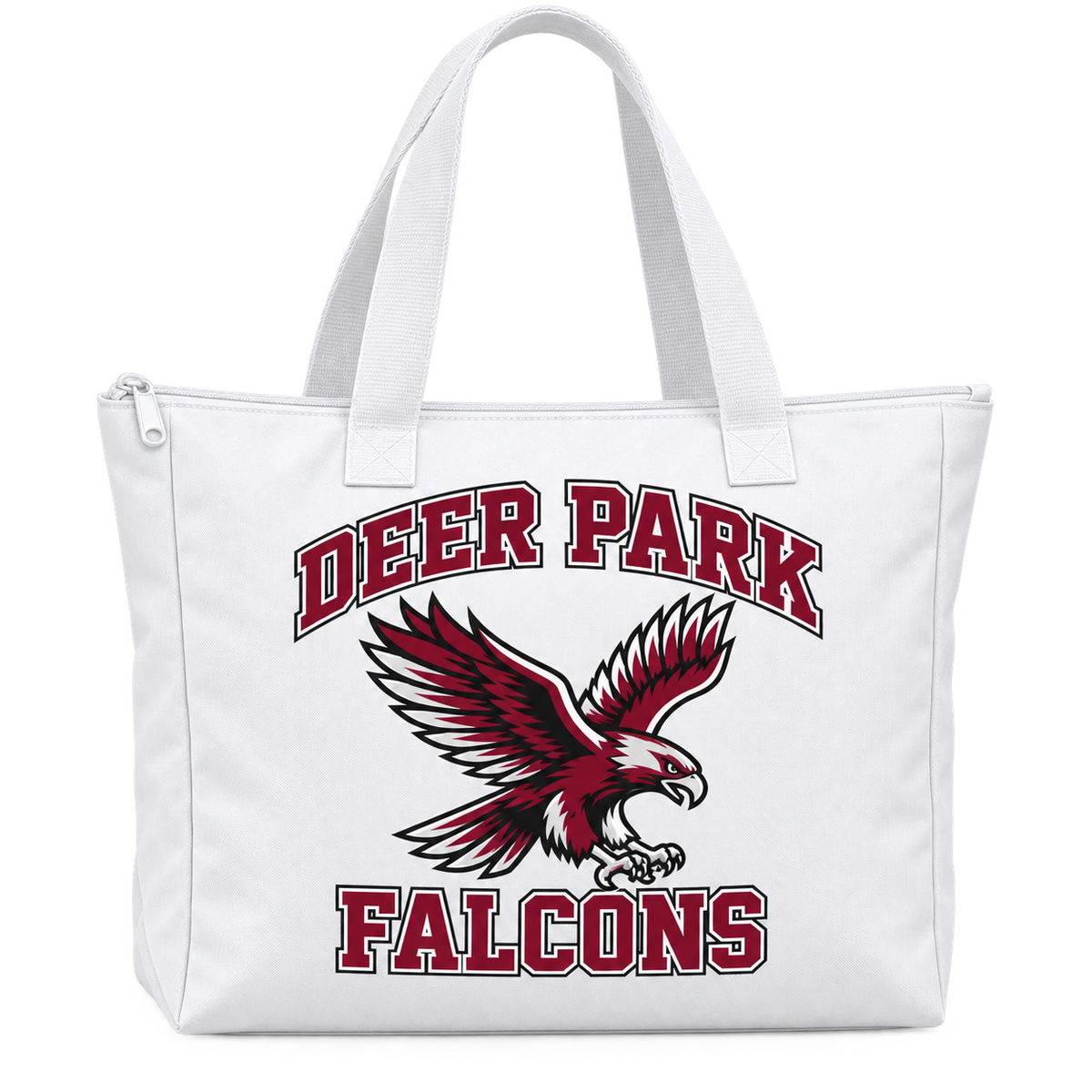 Deer Park Falcons Polyester Zip Bag in White, front view with Deer Park Falcons artwork