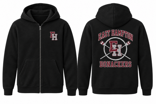 East Hampton Bonackers Varsity Zip-Up Hoodie — Black front and back