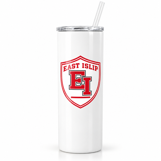 White 20 oz East Islip insulated tumbler with red EI athletic crest, clear lid and straw