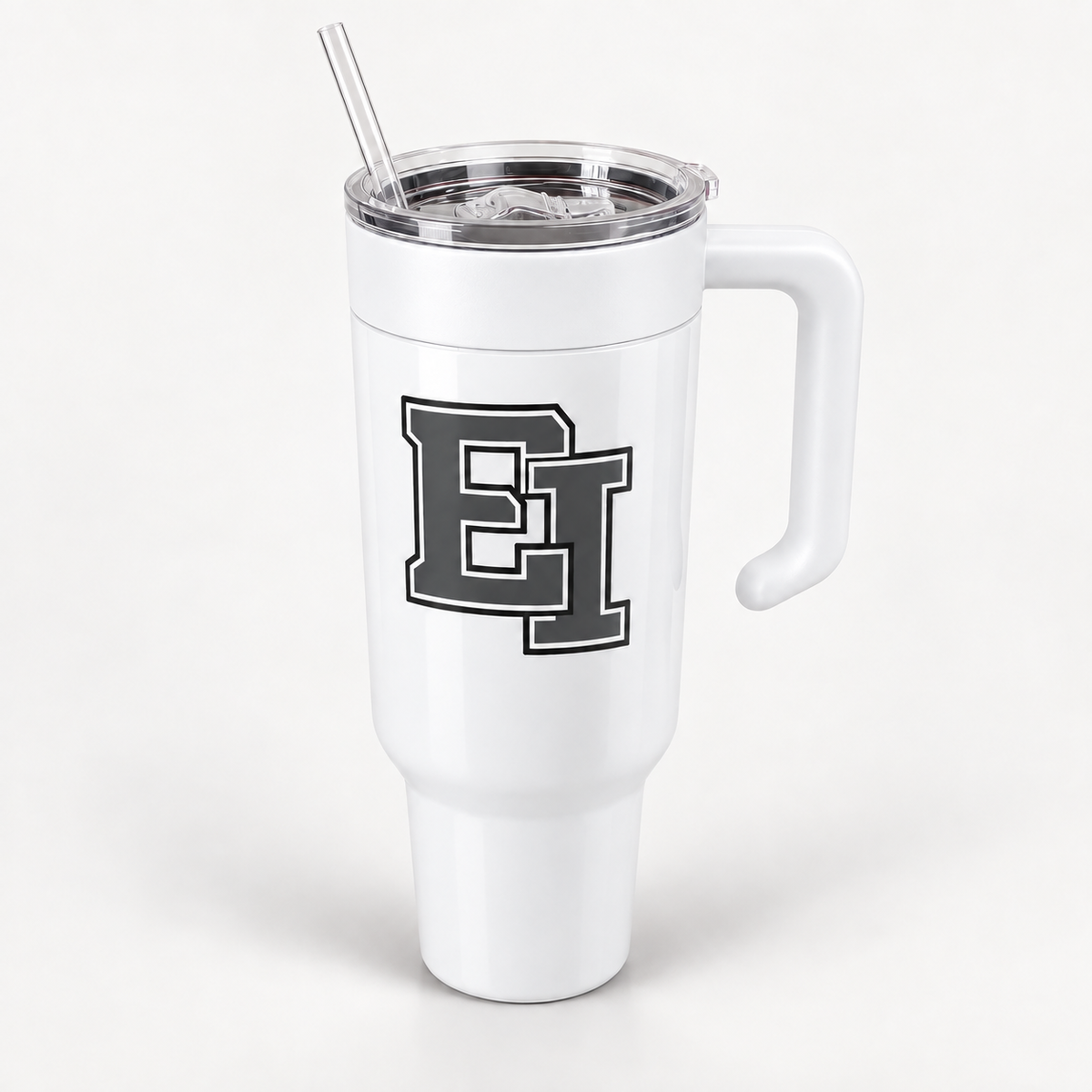 East Islip white 40 oz tumbler with charcoal EI monogram and included white handle