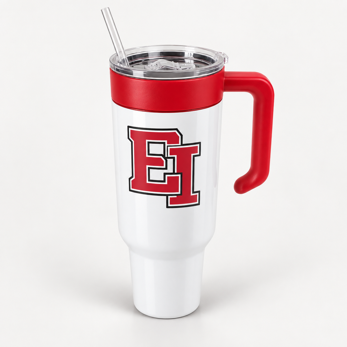 East Islip white 40 oz tumbler with red EI monogram and included red handle