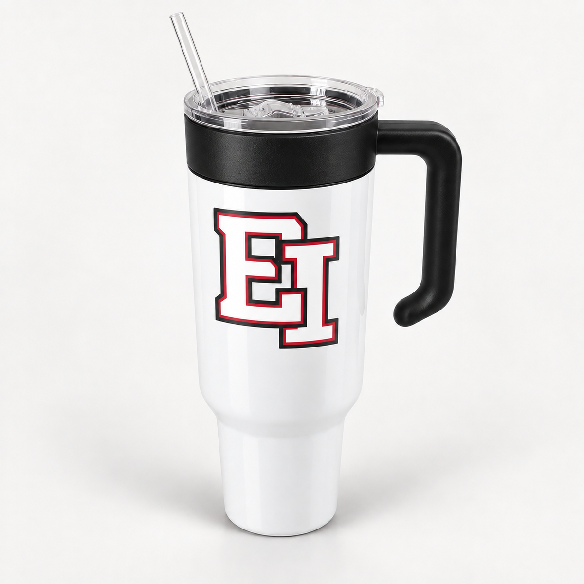 East Islip white 40 oz tumbler with white EI lettering, red outline and included black handle