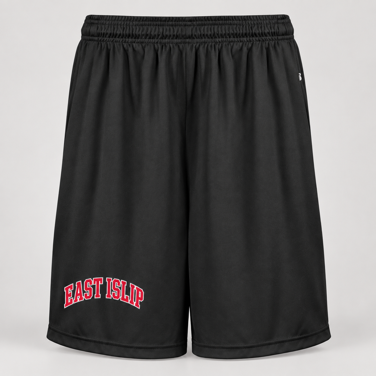 East Islip 7-inch polyester basketball shorts with pockets in Black, collegiate print on wearer right thigh