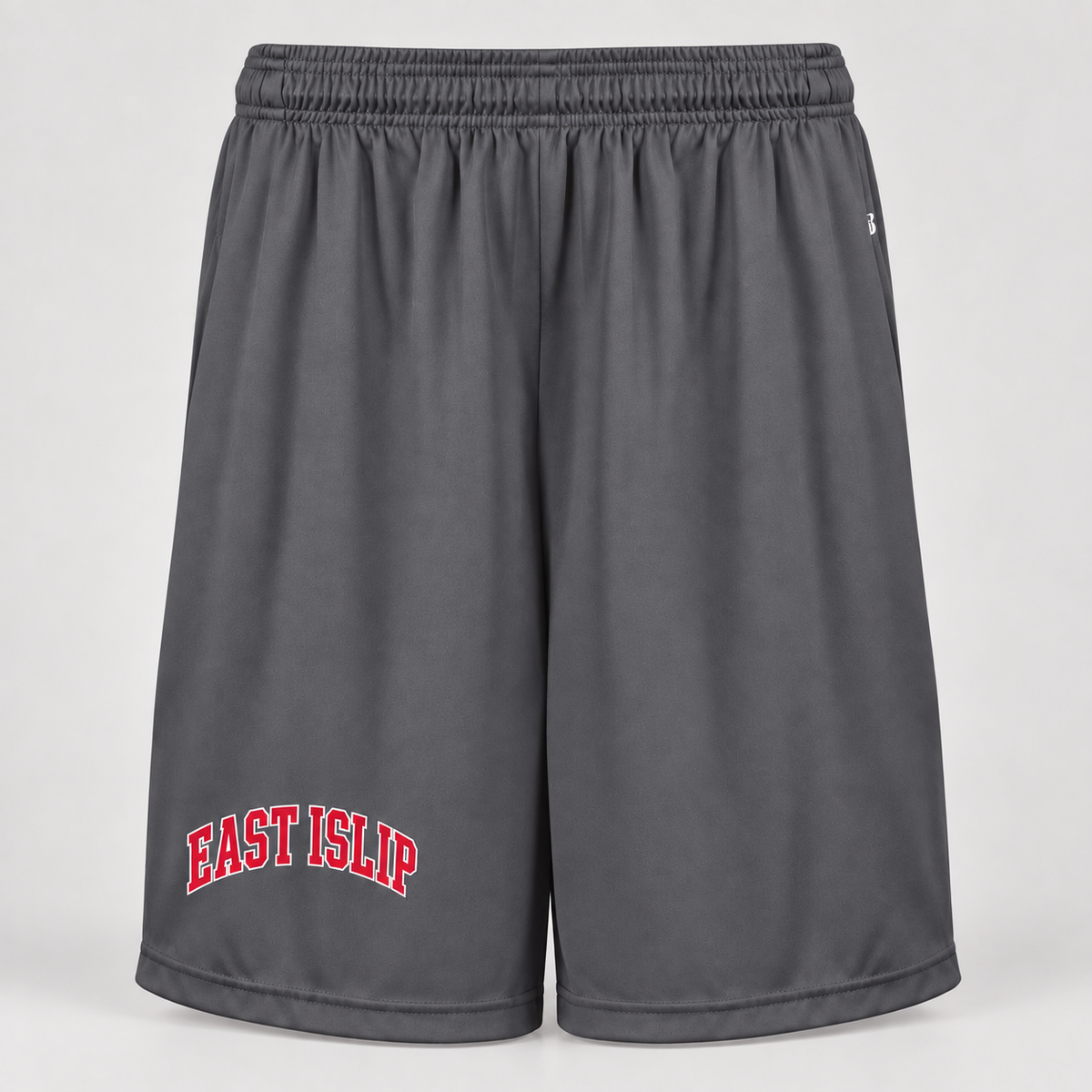 East Islip 7-inch polyester basketball shorts with pockets in Graphite, collegiate print on wearer right thigh