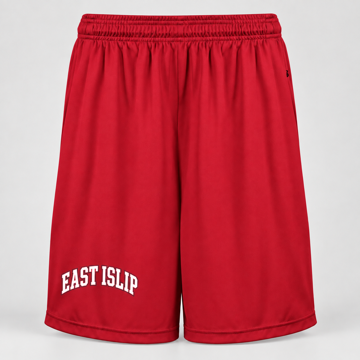 East Islip 7-inch polyester basketball shorts with pockets in Red, collegiate print on wearer right thigh