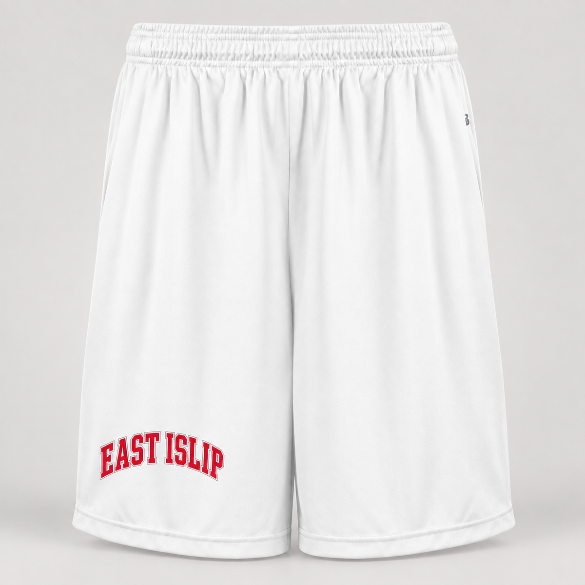 East Islip 7-inch polyester basketball shorts with pockets in White, collegiate print on wearer right thigh