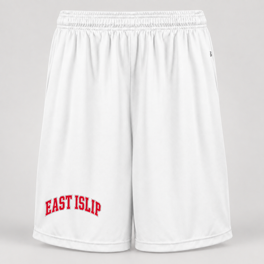 East Islip 7-inch polyester basketball shorts with pockets in White, collegiate print on wearer right thigh