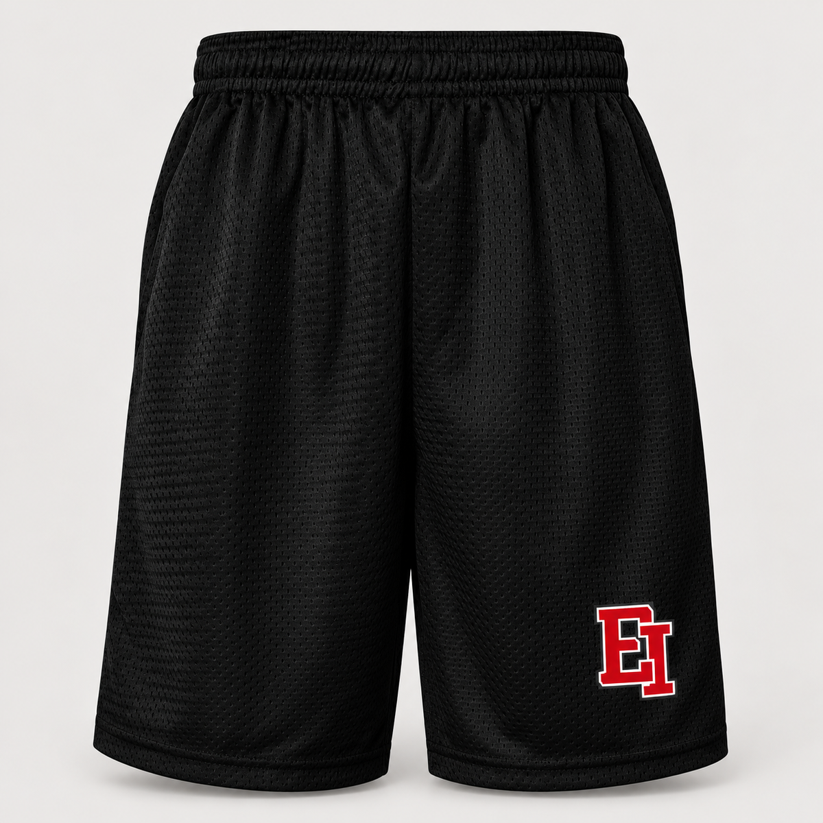 East Islip 9-inch polyester basketball shorts with pockets in Black, EI print on wearer left thigh