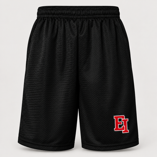 East Islip 9-inch polyester basketball shorts with pockets in Black, EI print on wearer left thigh