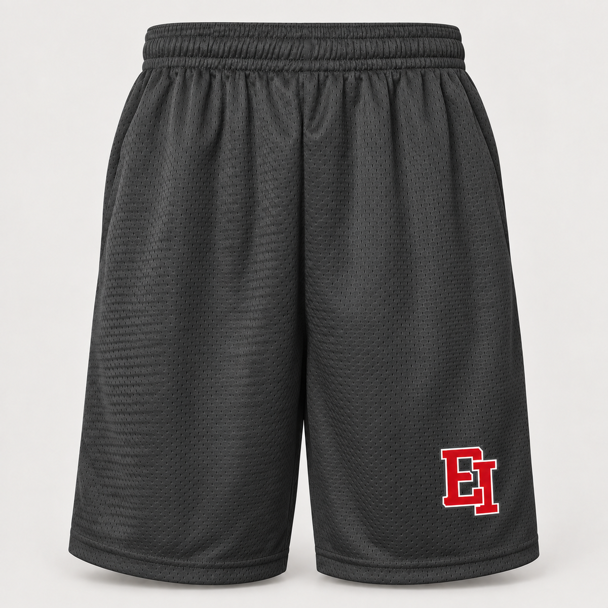 East Islip 9-inch polyester basketball shorts with pockets in Graphite, EI print on wearer left thigh