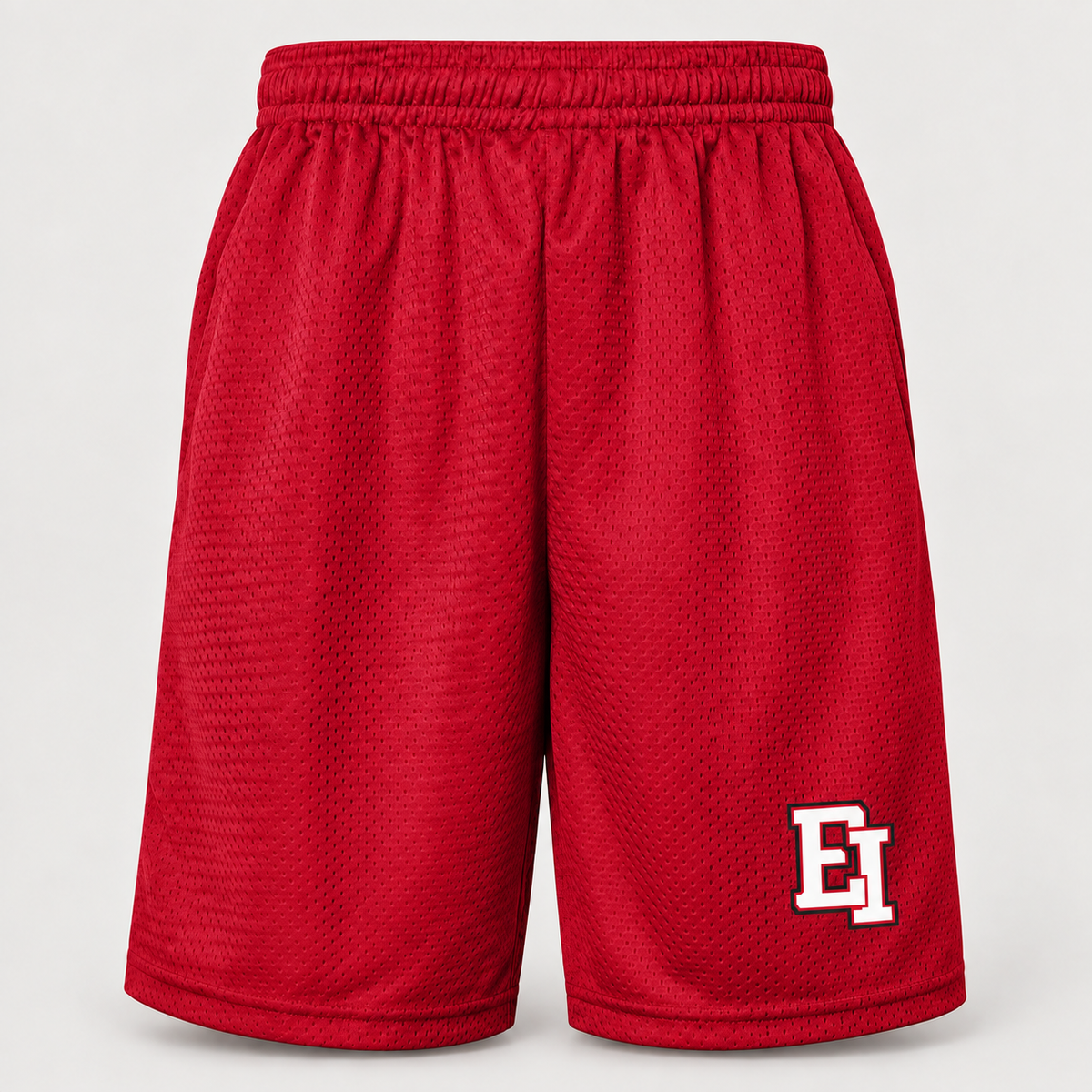 East Islip 9-inch polyester basketball shorts with pockets in Red, EI print on wearer left thigh
