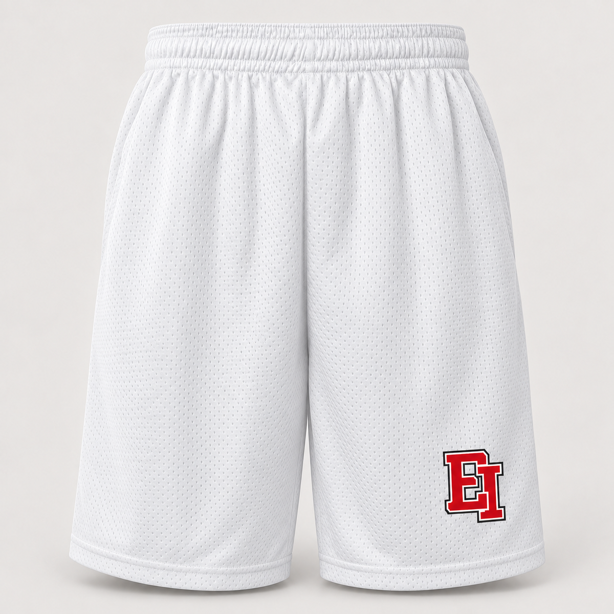 East Islip 9-inch polyester basketball shorts with pockets in White, EI print on wearer left thigh