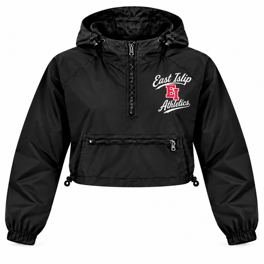East Islip Athletics Women's Script Crop Windbreaker — Black single front view