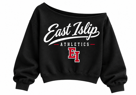 East Islip Athletics Women's Heritage Script Off-Shoulder Crop Sweatshirt in Black