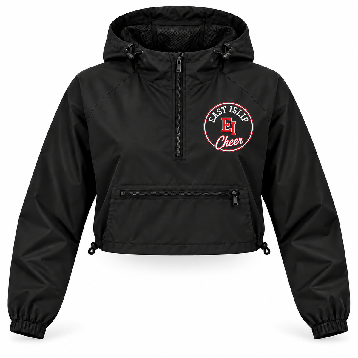 Black adult women's East Islip Cheer crop windbreaker with circular Campus Seal chest print