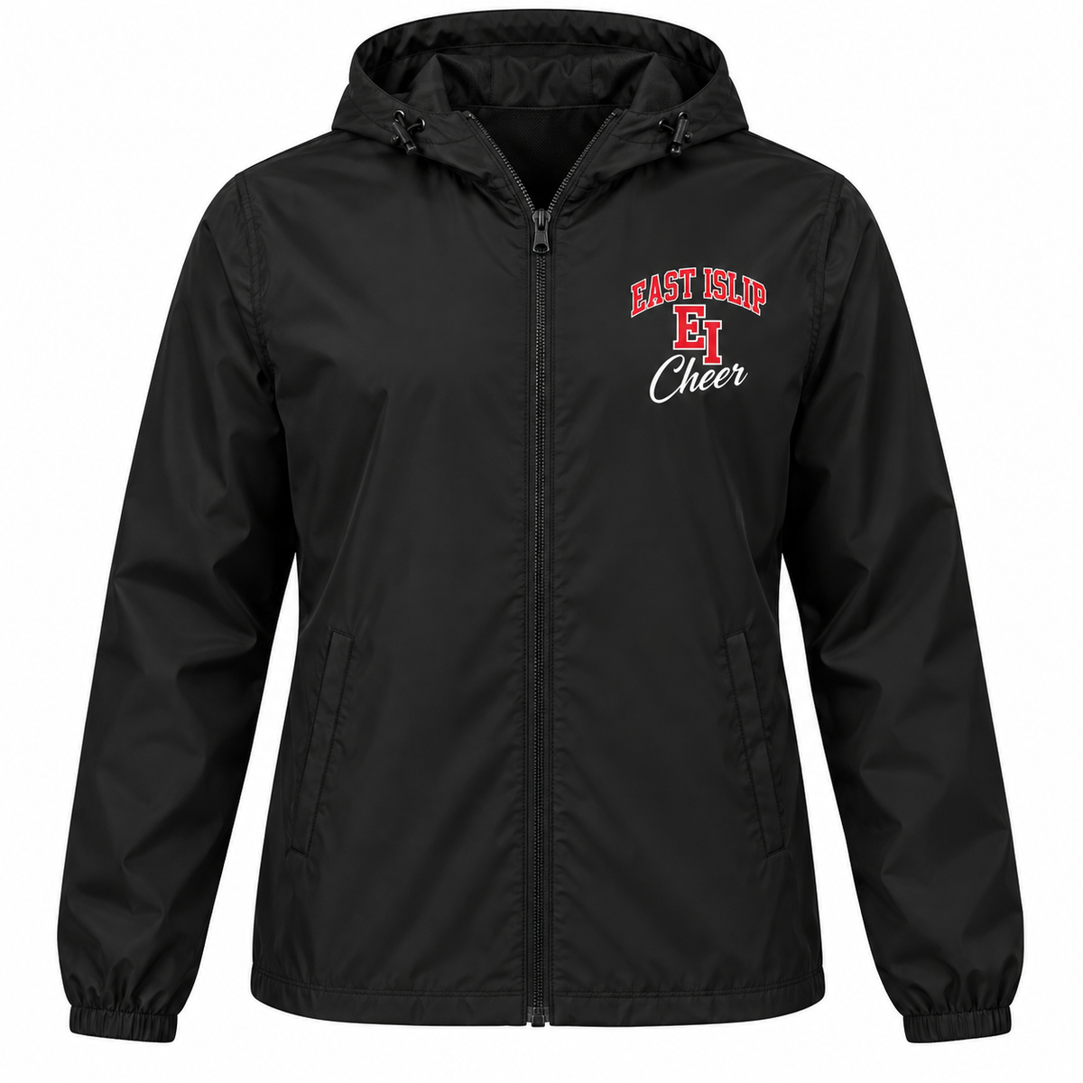 East Islip Cheer unisex black full-zip windbreaker with Classic Monogram left chest print