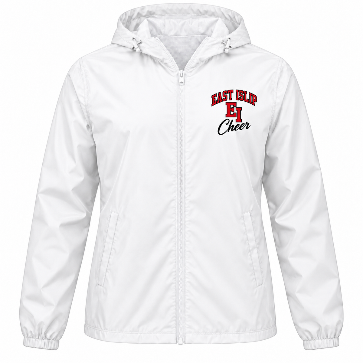 East Islip Cheer unisex white full-zip windbreaker with red EI and black Cheer chest print