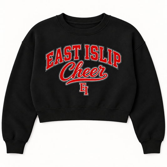 East Islip Cheer women's black cropped crewneck with red collegiate lettering and EI monogram