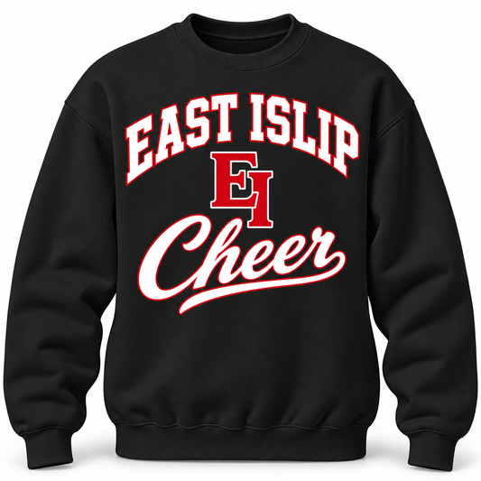 East Islip Cheer black adult crewneck with white collegiate arch, red EI monogram and Cheer script