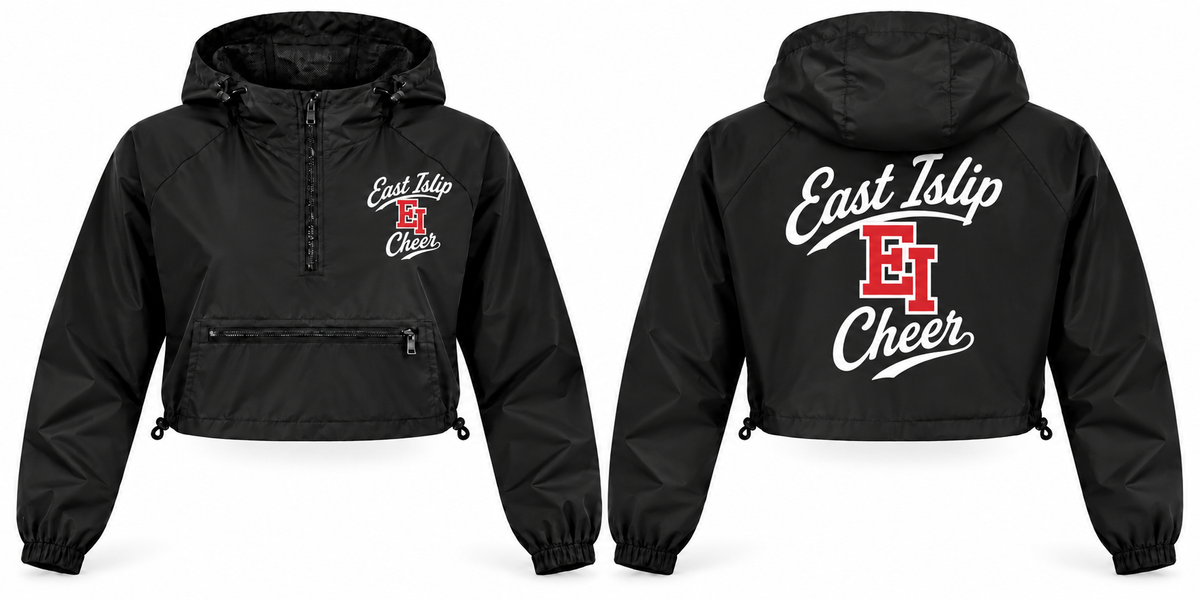 Front and back of black East Islip Cheer EI collegiate script women's crop windbreaker