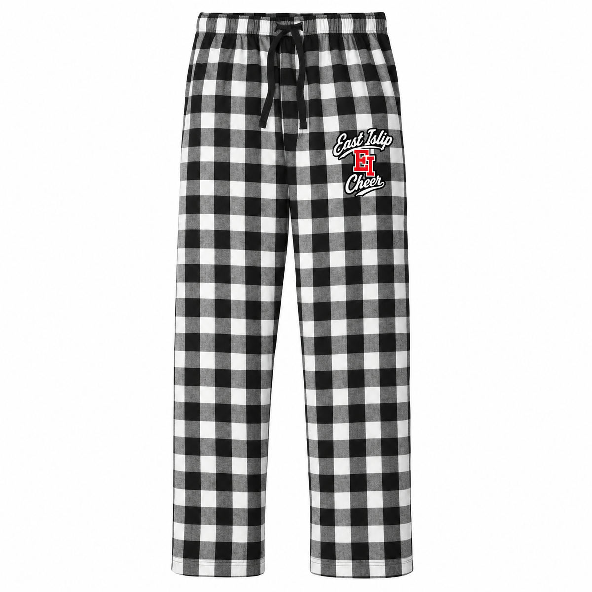 East Islip Cheer black and white buffalo check flannel pajama pants with collegiate EI script thigh print